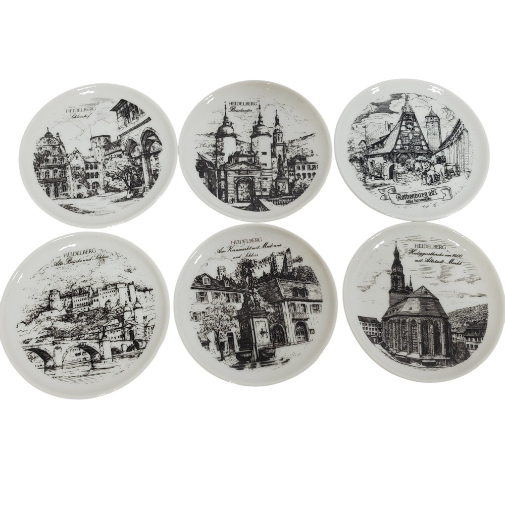 Royal Porzellan Bavaria KPM Coasters Set of‎ 6 White Black Germany 4in Landmarks